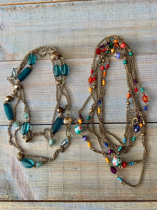 Unknown Jewelry - 2pc Necklace Set Teal Beaded Long, Multicolor Double Strand, Boho Festival
